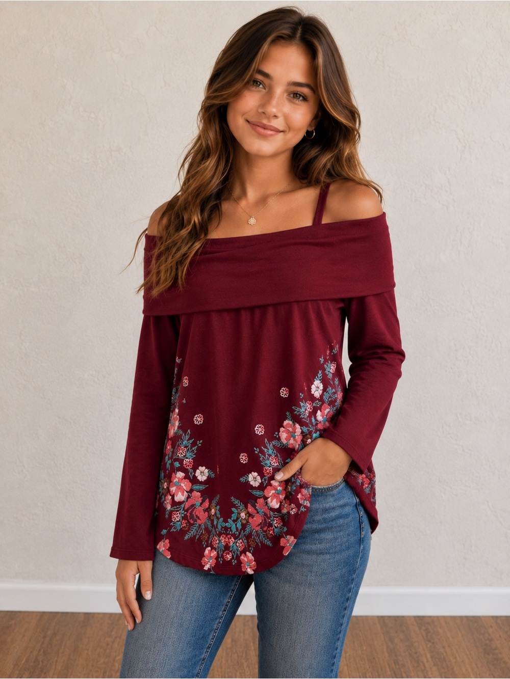 Belle Du Jour Burgundy Floral cold shoulder top size L